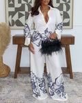 2 Pieces Outfit Turn-down Collar Long Sleeve Button Front Shirt and Wide Leg Pants Set Elegant Floral Placement Print Commuting Set