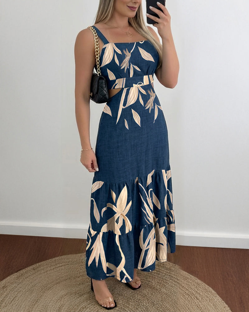 Plants Placement Print Adjustable Straps Cutout Waist Shirred Back Maxi Dress Casual Cinched Waist Ruffle Hem Vacation Dress