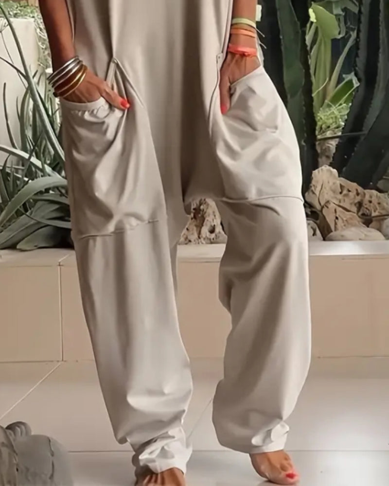 V-Neck High Stretch Tapered Drop-Crotch Casual Jumpsuit With Pockets