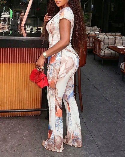 Women's 2 Piece Mesh Set Vintage Print Short Sleeve Top and High Waisted Flare Pants Set with Lining