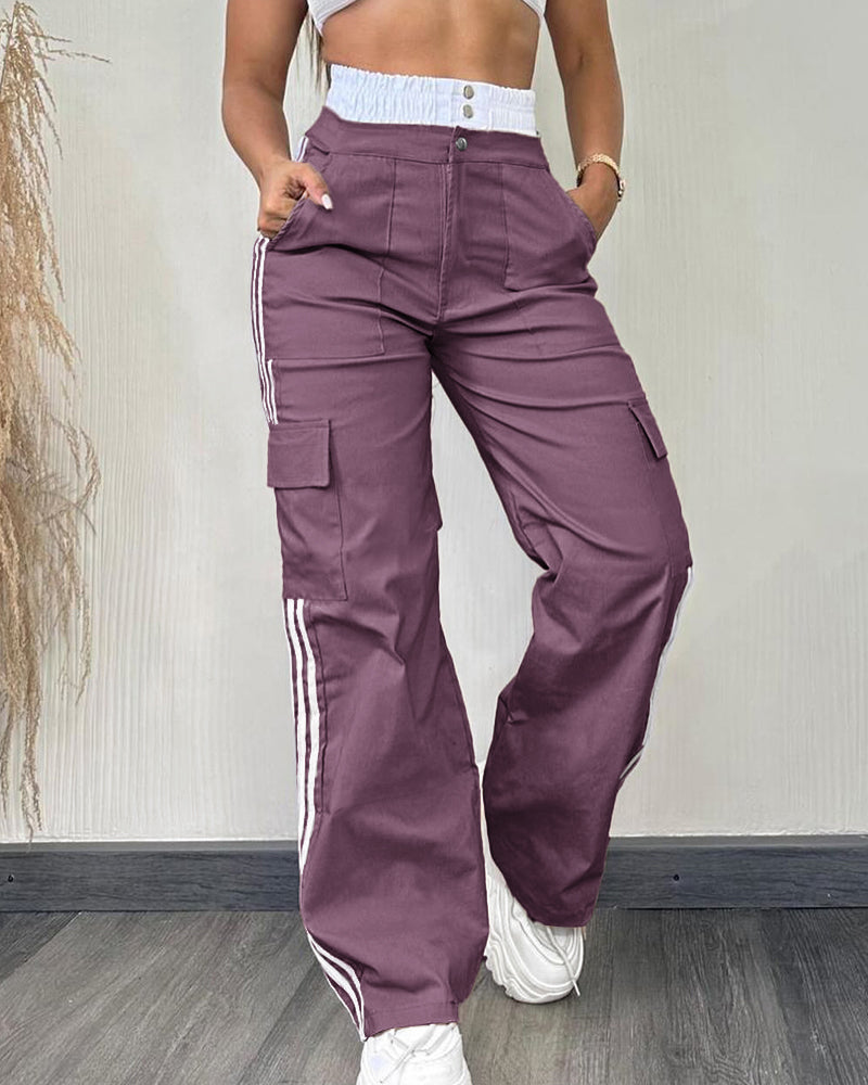 Contrast Side Striped Zipper Fly Stretchy High Waist Pants Flap Pockets Design Double Waistband Cargo Pants