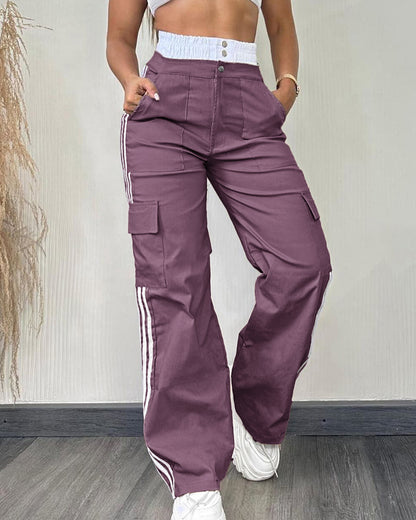 Contrast Side Striped Zipper Fly Stretchy High Waist Pants Flap Pockets Design Double Waistband Cargo Pants