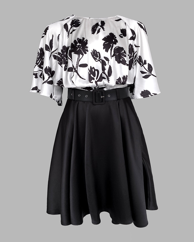 2 Pieces Outfit Colorblock Floral Print Bell Sleeve Hollow-out Back Shirred Back Hem Top and Casual A-line Skirt Set with Belt