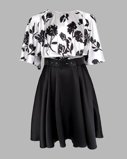 2 Pieces Outfit Colorblock Floral Print Bell Sleeve Hollow-out Back Shirred Back Hem Top and Casual A-line Skirt Set with Belt