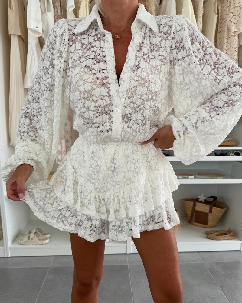 2 Pieces Outfit Turn-down Collar Lantern Sleeve Button Front Sheer Top and Elastic Waist Double Layer Ruffle Hem Skirt Set Casual Jacquard Floral Lace Skort Set