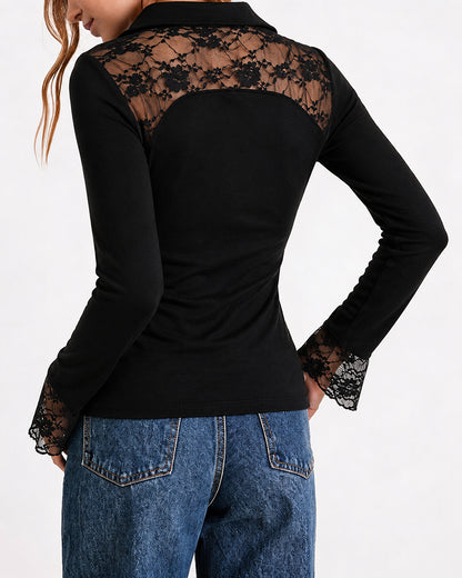 Women's Sheer Lace Patchwork Button Down Shirt Flare Sleeve Slim Fit Top