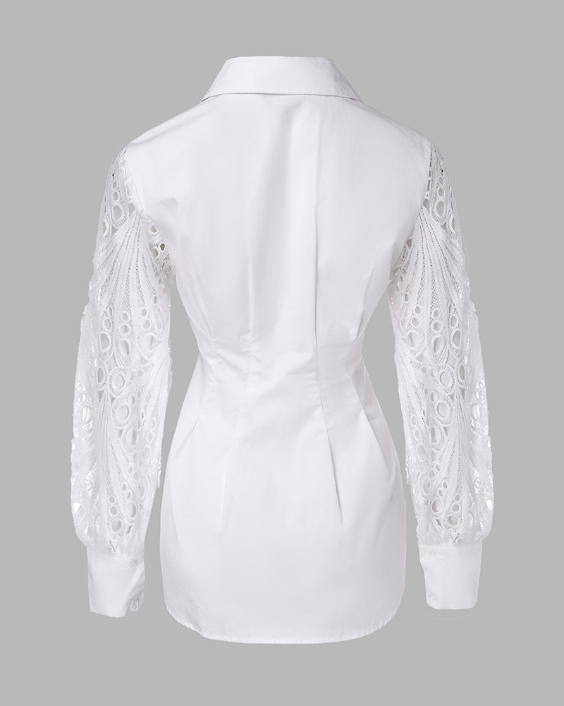 Lantern Sleeve Eyelet Embroidery Top