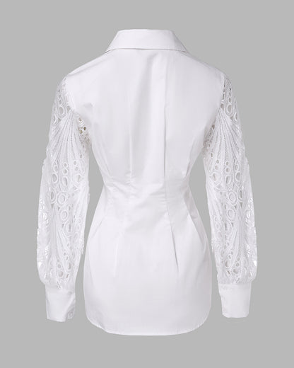 Lantern Sleeve Eyelet Embroidery Top