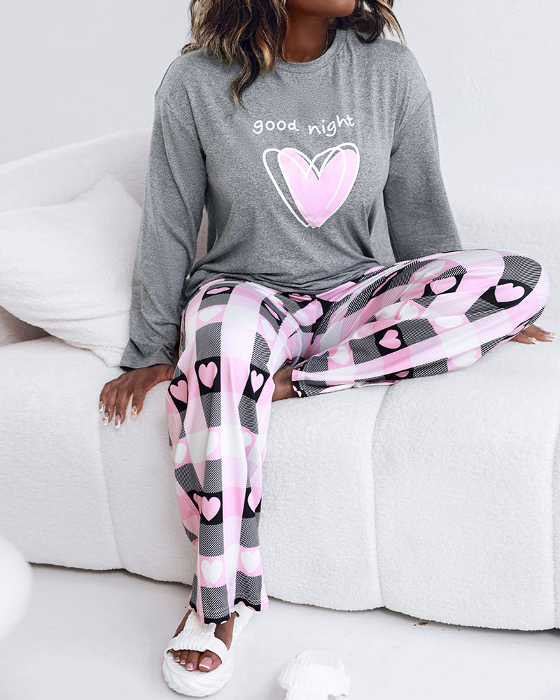 2 Pieces Outfit Letter and Heart Print Long Sleeve Top and Casual Plaid Pnats Sets with Pocket