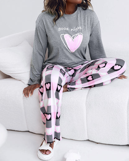 2 Pieces Outfit Letter and Heart Print Long Sleeve Top and Casual Plaid Pnats Sets with Pocket