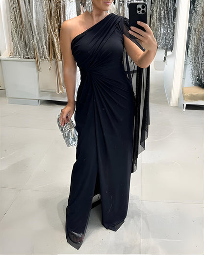 One Shoulder Asymmetrical Mesh Cloak Sleeve Ruched Twist Waist Evening Dress Waist Gathered Slit Party Dress