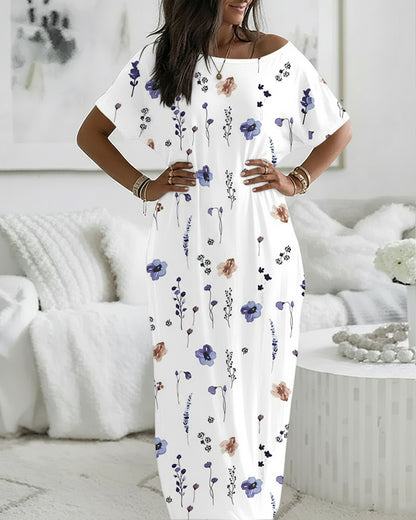 Floral Print Skew Neck Short Sleeve Maxi Nightdress Casual Loose Fit Loungewear with Pockets