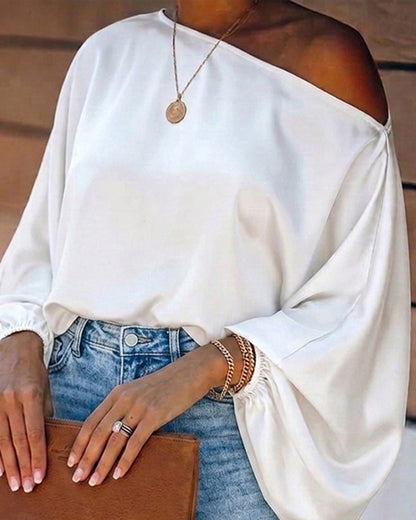Women's Off Shoulder Satin Blouse Lantern Long Sleeve Shirt Casual Loose Fit Skew Neck Top