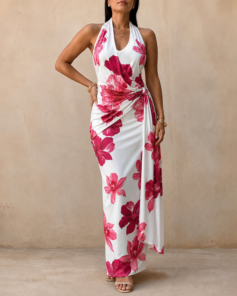 Women's Tropical Floral Halter Maxi Dress Deep V Neck Backless Ruched Wrap Draped Party Dress Elegant Slit Evening Gown