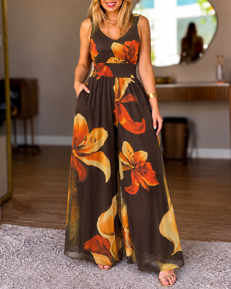 Women's Vintage Floral Print Mesh V-Neck Shirred Waist Wide-Leg Jumpsuit with Lining