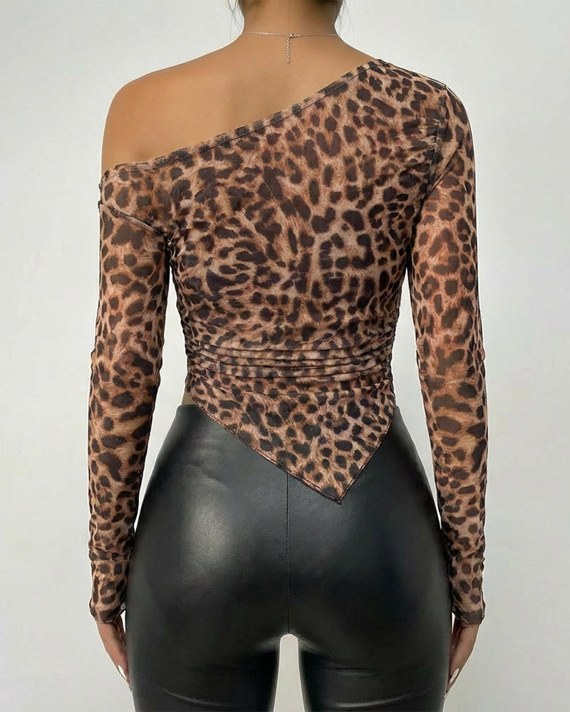 Leopard Print Skew Neck Long Sleeve Asymmetrical Hem Tee Slim Fit Side Ruched Sheer Mesh Top with Thumb Hole Cuffs & Lining