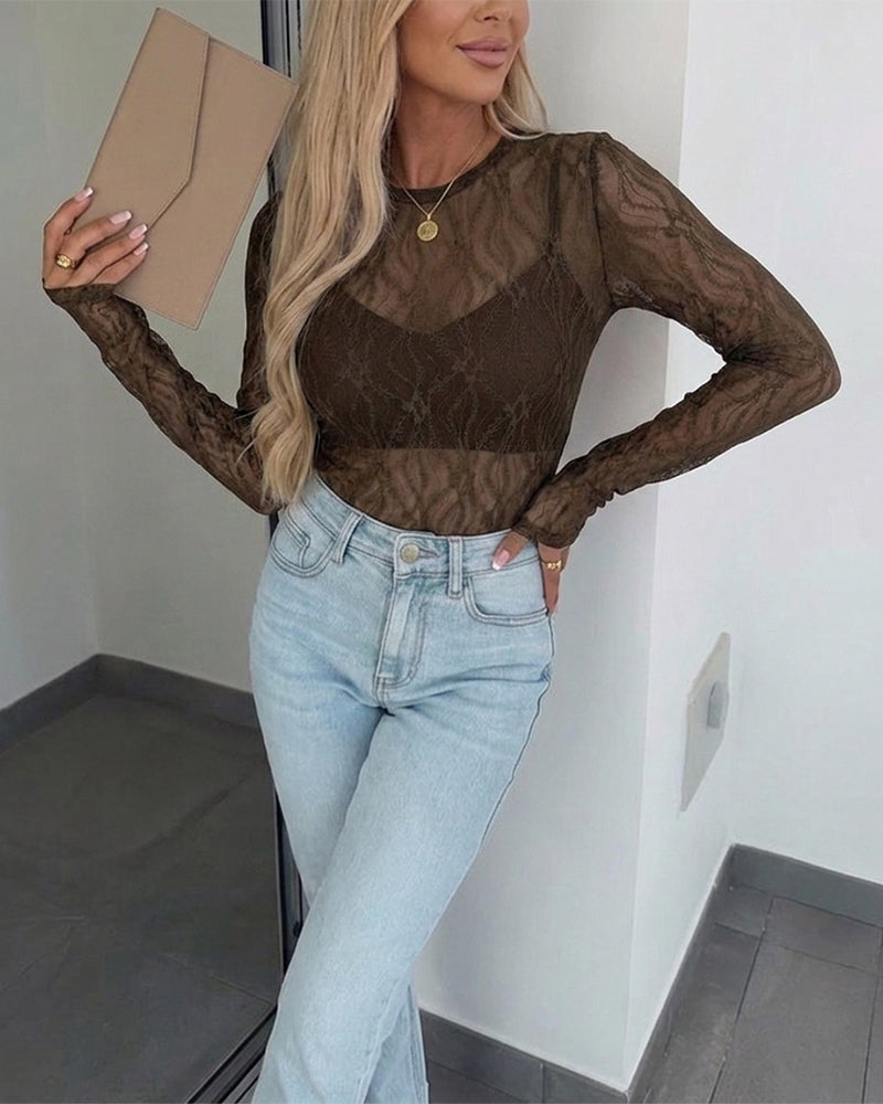 Women's Jacquard Textured Sheer Lace Long Sleeve Top Crewneck Slim Fit Tee with Thumb Holes