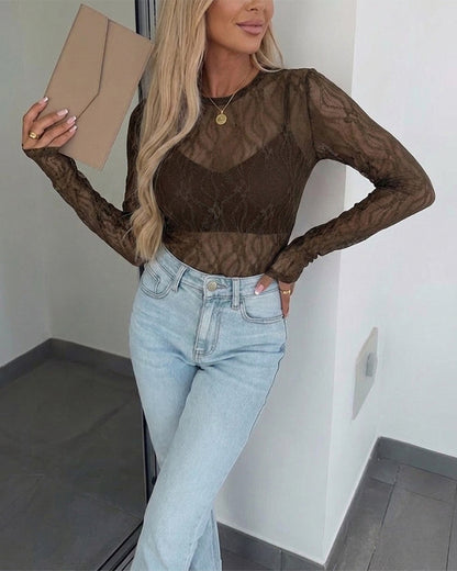 Women's Jacquard Textured Sheer Lace Long Sleeve Top Crewneck Slim Fit Tee with Thumb Holes