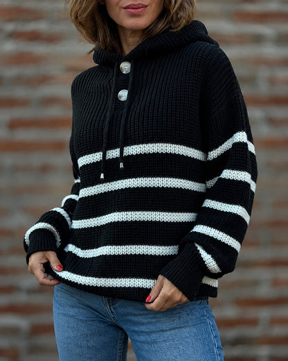 Women's Striped Henley Drawstring Hooded Sweater Loose Fit Lantern Sleeve Knit Pullover
