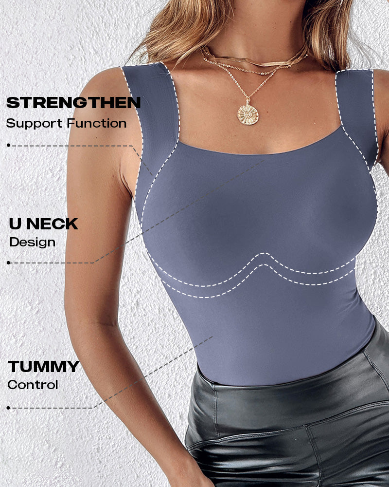 U-Neck Sleeveless Tank Seamless Skinny Layering Top with Built-In Bra