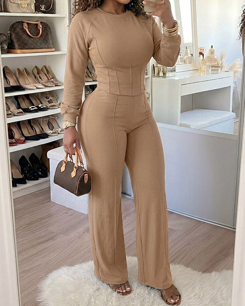 2 Pieces Outfit O-neck Long Sleeve Cinched Waist Sweatshirt and Elastic Waist Wide Leg Pants Set Casual Seam Design Sweatpants Set