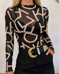 Women's Sheer Mesh Letter Print Mock Neck Frill Trim Long Sleeve Top