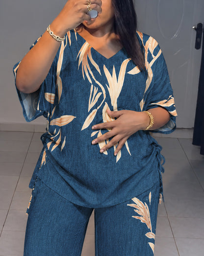 Women's Tropical Plants Print 2 Piece Outfits V Neck Drawstring Ruched Top and Wide Leg Pants Set Casual Loose Loungewear