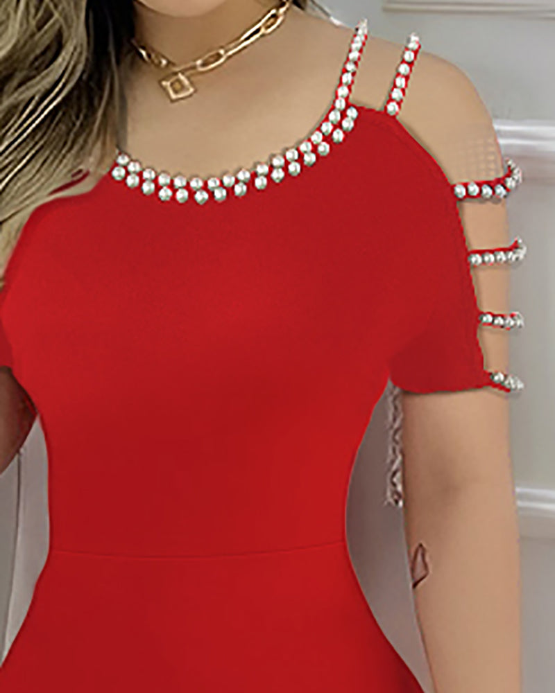 Cold Shoulder Beaded Slit Bodycon Dress Ruffle Hem Zipper Back Party Dress