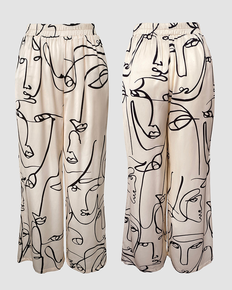 Women's Abstract Face Print Two Piece Outfits Boat Neck Batwing Sleeve Top and High Waisted Wide Leg Pants Set with Pockets