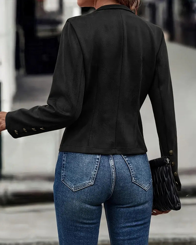 Faux Suede Stand Collar Jacket Open Front Button Decor Casual Coat