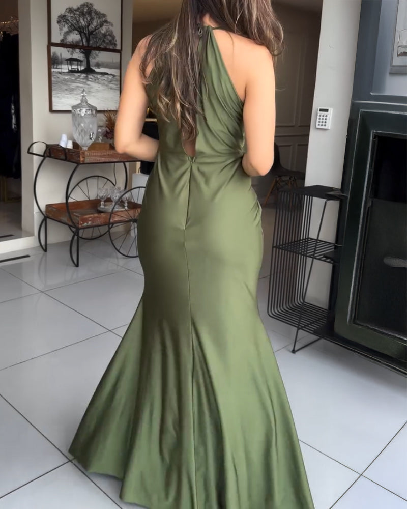 Satin Sleeveless Hollow-out Twist Front Evening Dress Tied Detail Backless Zipper Back Mermaid Hem Dress