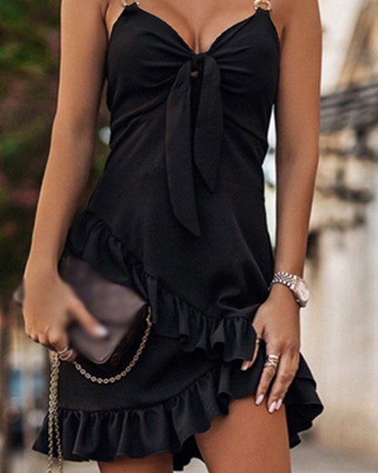 Women's Adjustable Chain Strap Tie Front Ruffle Hem Dress Backless Shirred Ruched Cami Mini Dress