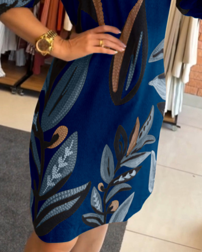 Plants Print Round Neck Half Sleeve Midi Dress
