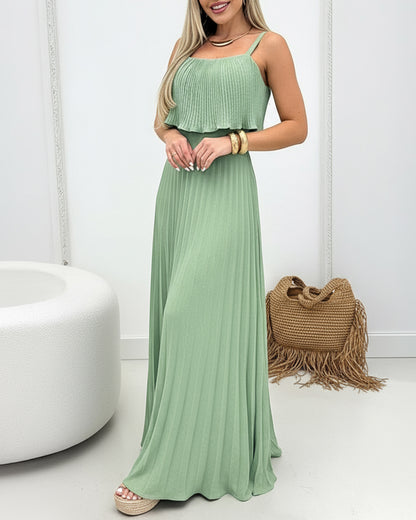 French Style Adjustable Spaghetti Straps Pleated Overlay Design Cami Dress Casual Cinched Waist Shirred Back Pleated Vacation Dress