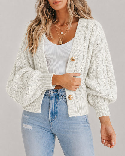 Women's Cable Knit Cardigan V Neck Button Down Chunky Knit Sweater Loose Lantern Sleeve Warm Outerwear