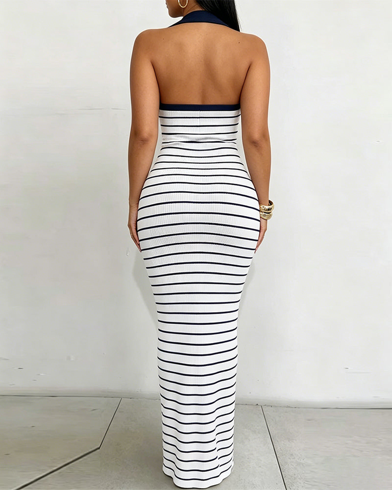 Women's Striped Halter Neck Ribbed Maxi Dress Elegant Gold Button Backless Deep V Lapel Collar Bodycon Dress