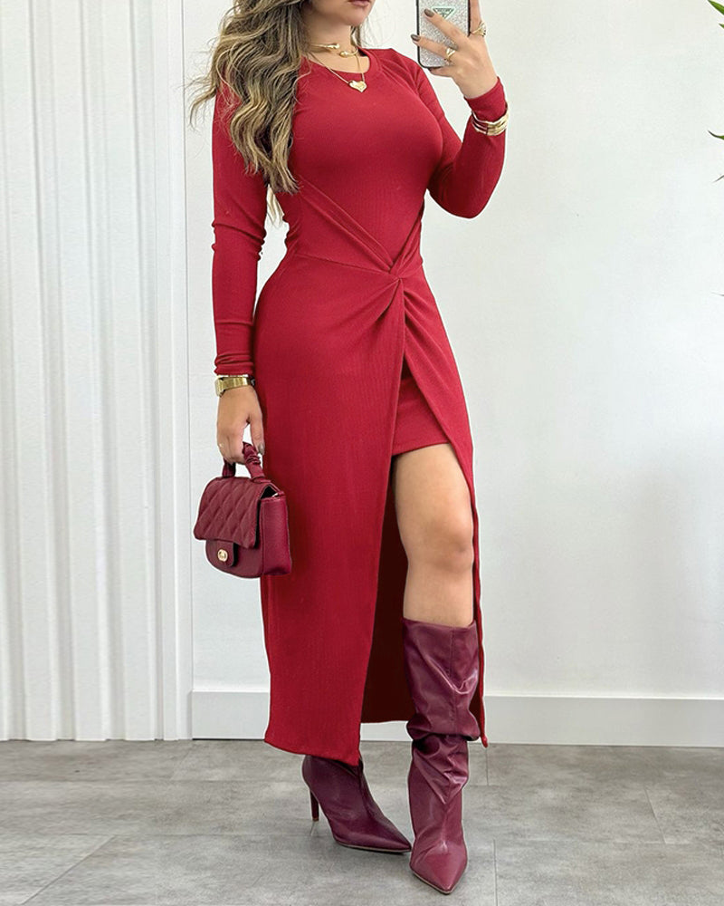 Long Sleeve Waist Twist Bodycon Slit Dress Casual Slim Fit Midi Dress