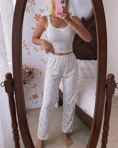 Women's Star Print 2 Piece Pajamas Set Lace Cami Top and Pants Casual Loungewear Bowknot Sleepwear