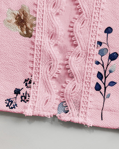 Floral Print Open Front Long Sleeve Casual Contrast Lace Short Cardigan