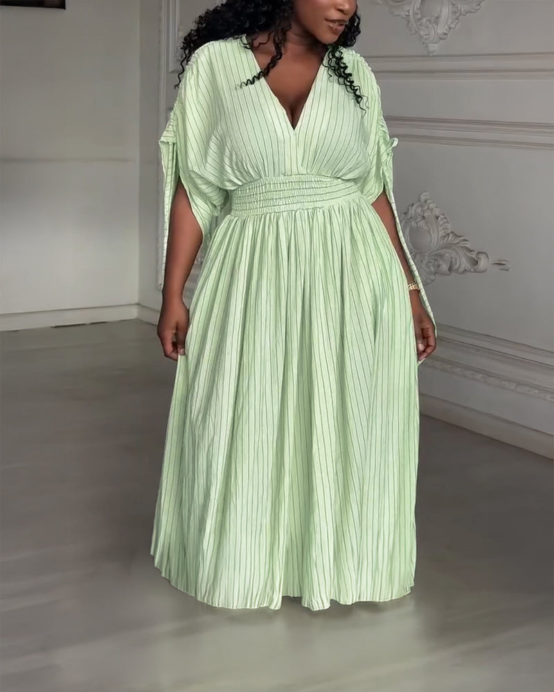 Striped V-Neck Drawstring Sleeve Shirred Waist Maxi Dress Casual Cinched Waist Zipper Back Vacation Dress