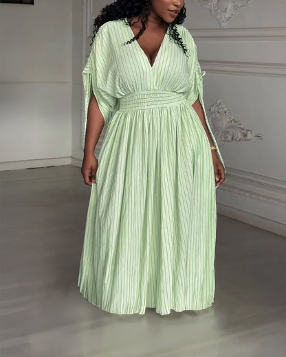 Striped V-Neck Drawstring Sleeve Shirred Waist Maxi Dress Casual Cinched Waist Zipper Back Vacation Dress