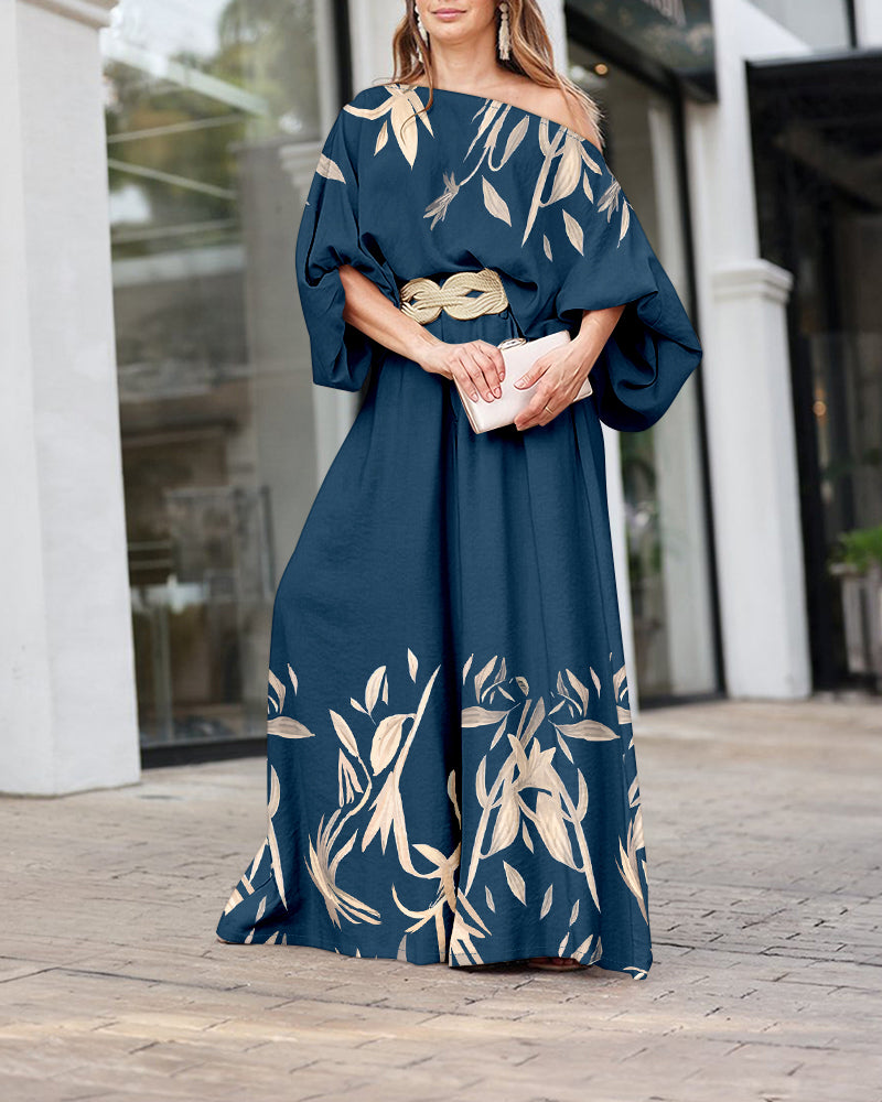 2 Pieces Outfit Skew Neck Batwing Sleeve Top and Zipper Fly Elastic Back Waist Wide Leg Pants Set Casual Plants Print Loose Fit Set without Belt