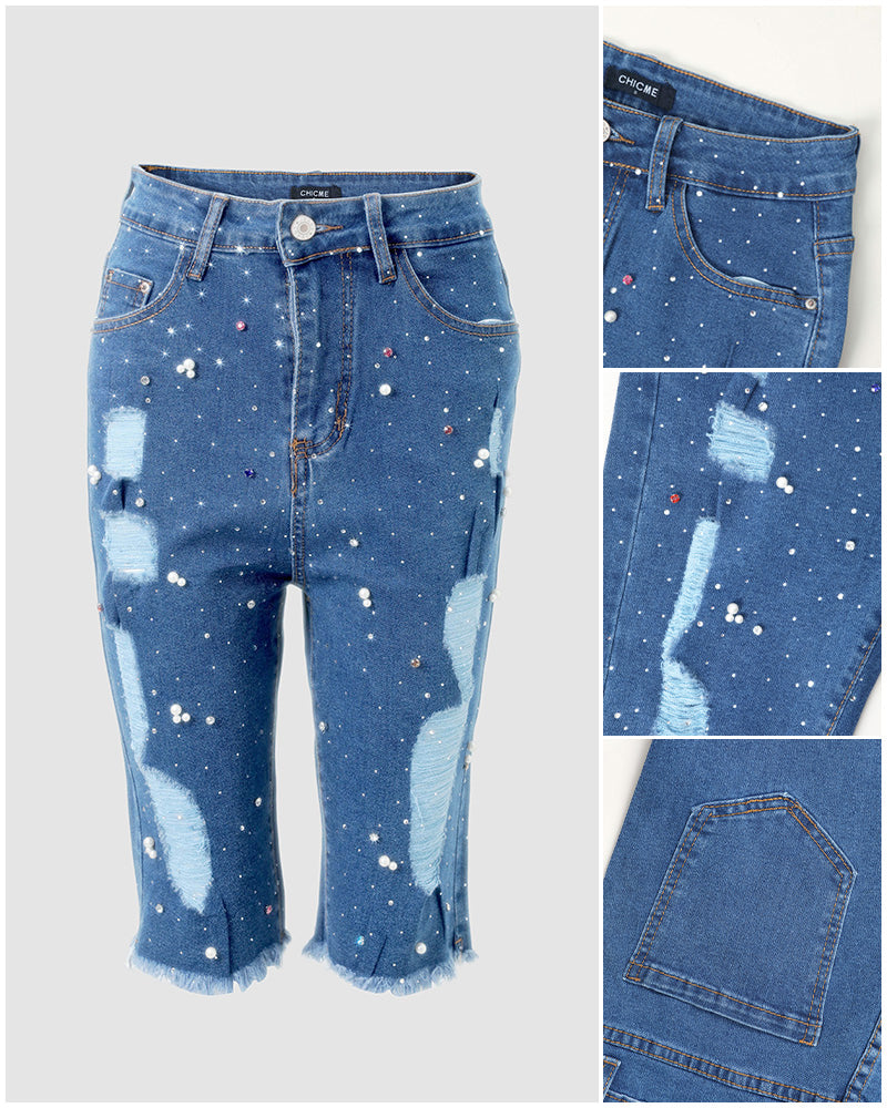 Pantalones cortos vaqueros Bermuda de mujer estilo Y2K con pedrería y perlas, rotos, con dobladillo sin rematar, efecto desgastado y adornos coloridos