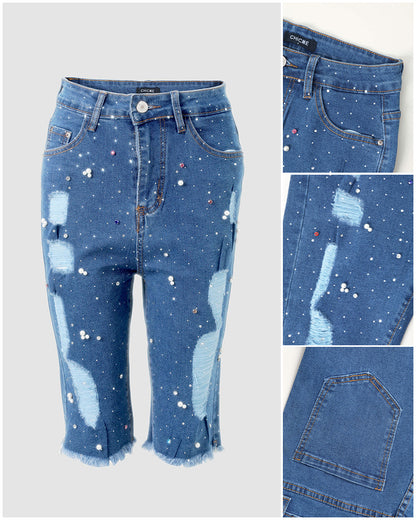 Pantalones cortos vaqueros Bermuda de mujer estilo Y2K con pedrería y perlas, rotos, con dobladillo sin rematar, efecto desgastado y adornos coloridos