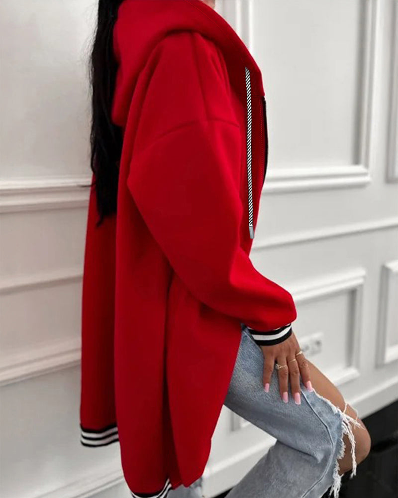Striped Cuffs Pockets Design Zipper Front Drawstring Hoodie Jacket Casual Drop Shoulder Asymmetrical Hem Mid-length Coat