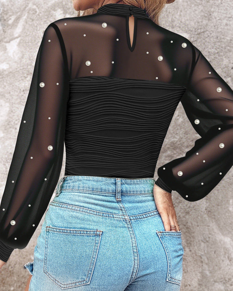 Pearls Decor High Neck Sheer Mesh Spliced Ruched Tee Hollow-out Back Slim Fit Textured Top