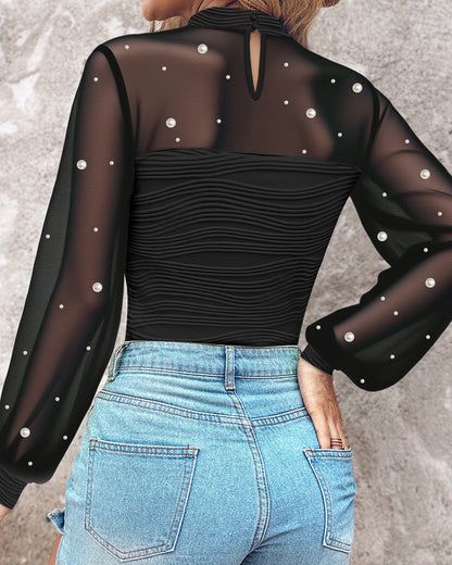 Pearls Decor High Neck Sheer Mesh Spliced Ruched Tee Hollow-out Back Slim Fit Textured Top
