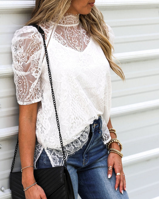 Women's Mock Neck Lace Top Vintage Puff Short Sleeve Side Slit Blouse Elegant Hollow Out Shirt