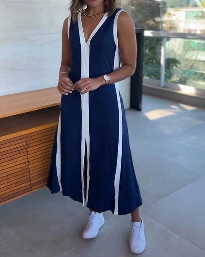 Striped Sleeveless Plunge Neckline Midi Dress with Slit Detail Casual Loose Fit A Line Dress