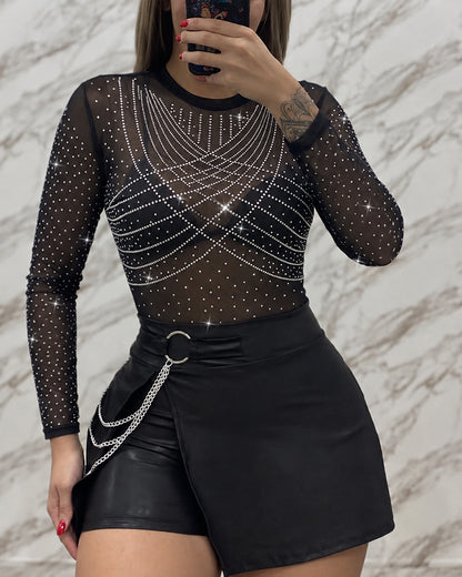 Women's Rhinestone Sheer Mesh Round Neck Long Sleeve Slim Fit Top